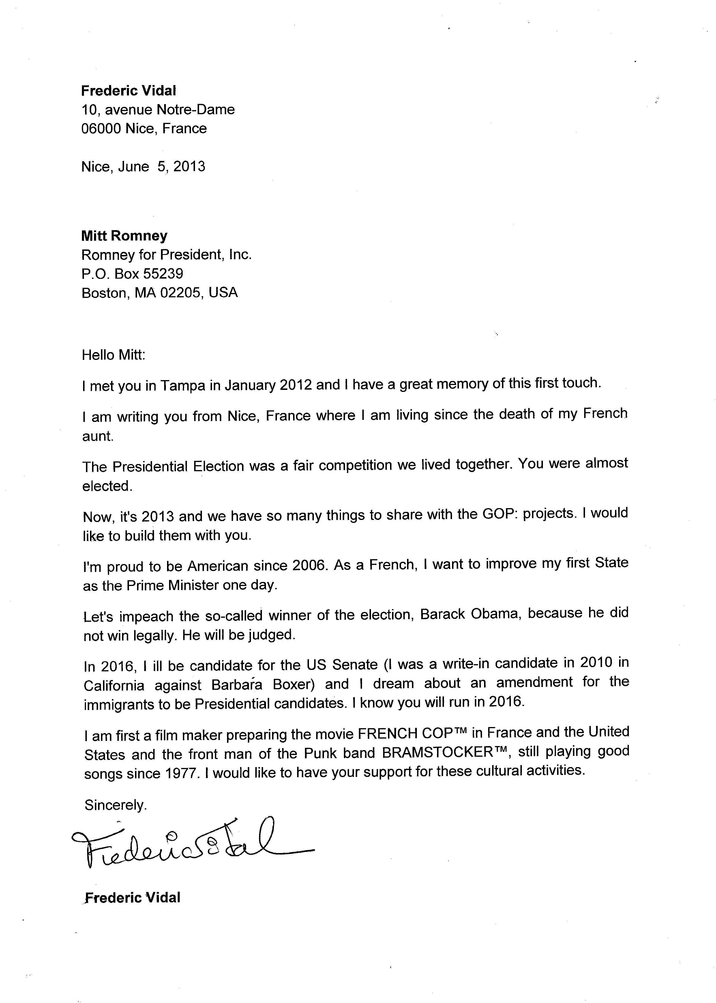 Frederic Vidal Letter to Mitt Romney.  Dr. Fred Vidal Log